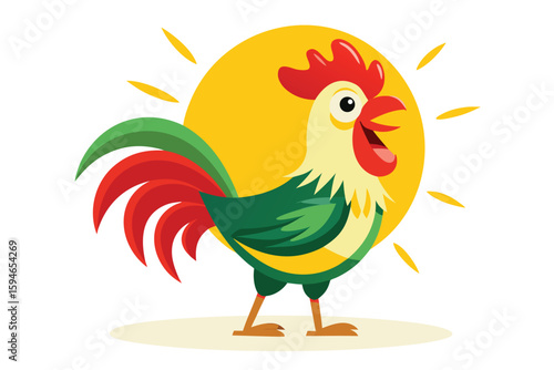 Cartoon Rooster Crowing with Sun Background for Farm Animals and Agriculture