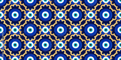 Evil eye golden pattern. Seamless greek background with magic blue beads. Turkish nazar vector wallpaper. Protection amulet - symbol of luck and energy. Ornament with spiritual talisman