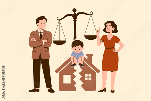Family Law: An illustrative depiction of a family facing separation, symbolized by a broken home beneath a scale of justice. The father and mother are depicted in conflict.