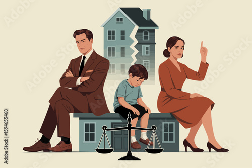 Broken Bonds: An illustration symbolizing the complex emotions, legal battles, and emotional toll of divorce, depicting a family divided amidst a backdrop of legal scales.