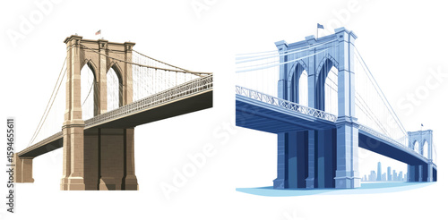 Modern suspension bridge with blue accents isolated on transparent PNG image ideal for civil engineering or cityscape illustrations