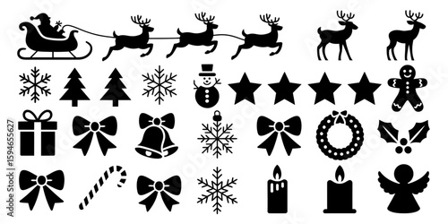 Holiday Icon Set: A delightful array of holiday-themed vector icons, featuring seasonal elements such as reindeer, Santa's sleigh, snowflakes, and other decorative elements.