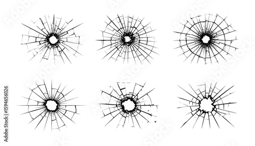 Shattered glass pane with a central hole, perfect for illustrating vandalism, break ins, accidents, or abstract background designs in design projects.