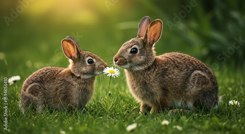 Two rabbits sharing a daisy in a grassy field, a peaceful spring scene.