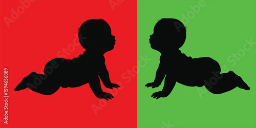 Crawling Baby Silhouette, Child Development Pose, Red and Green Background Contrast, Early Childhood Growth, Black Vector Design, Infant Movement IllustrationCrawling Baby Silhouette