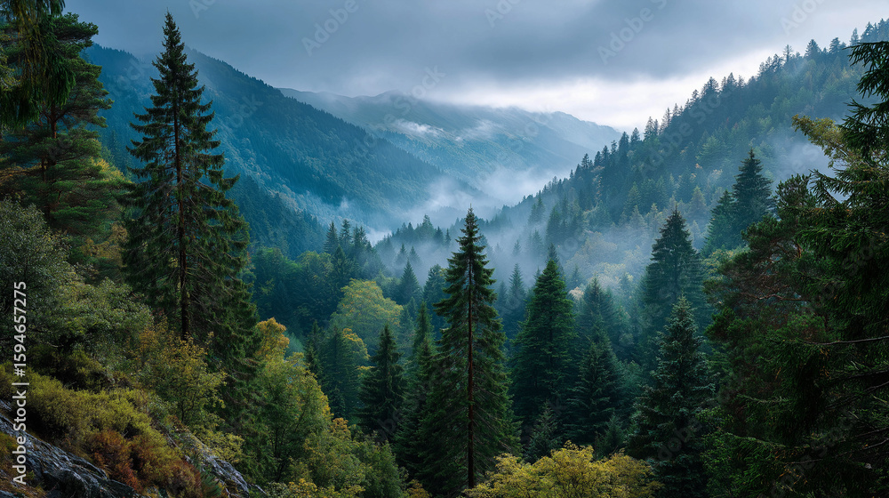 Fototapeta premium Mystical Mountain Forest: A panoramic view of a vast forest of verdant trees. Enveloped in a misty haze. It inspires a sense of serenity and the mysteries of the wilderness.