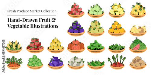 Hand Drawn Fruit and Vegetable Illustrations Produce Market