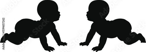 Crawling Baby Silhouette, Child Development Pose, Red and Green Background Contrast, Early Childhood Growth, Black Vector Design, Infant Movement IllustrationCrawling Baby Silhouette