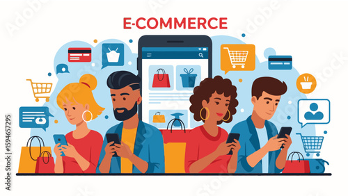 Digital era featuring diverse shoppers using their smartphones for online transactions while purchasing items through an e-commerce platform, showcasing modern shopping habits.