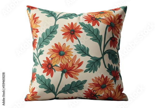 Floral pillow orange and green png on transparent background