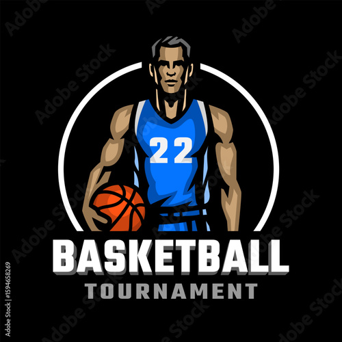 Logo of a basketball player with a ball in his hands on dark background.