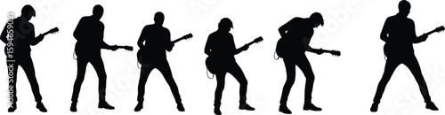 Guitarist Silhouette Vector, Rock Band Performance, Energetic Stage Pose, Music Concert Illustration, Artistic Black and White Graphic, Live Sound IconGuitarist Silhouette Vector, Rock Band