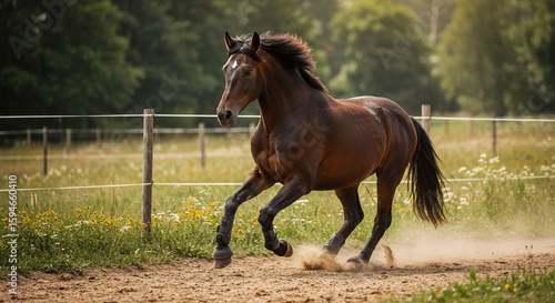 Dark bay horse powerfully canters across a dusty paddock, mane and tail flowing.