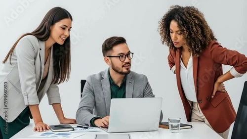 Three professionals collaborate at a desk with a laptop computer hd video , 4k video, mp4 video