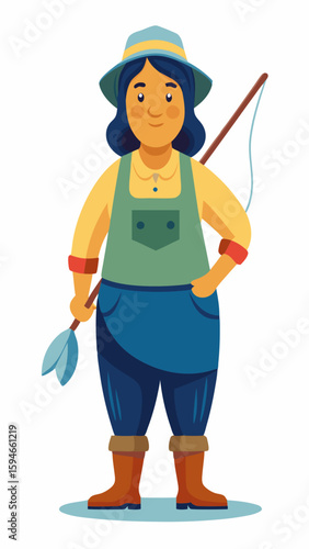 Female fisherwoman standing with fishing spear and confident pose  