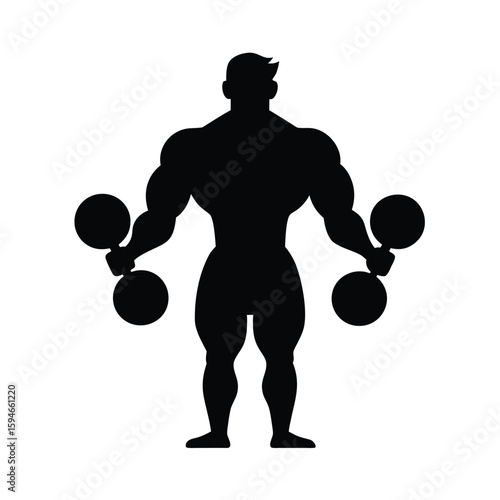 Strong muscular man silhouette holding dumbbells down in dynamic pose