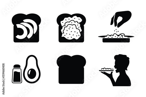 Avocado toast preparation and consumption icons bread salt shaker