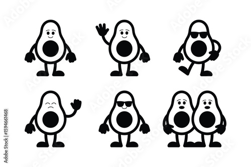 Black and white cartoon avocados with faces and limbs fruit character
