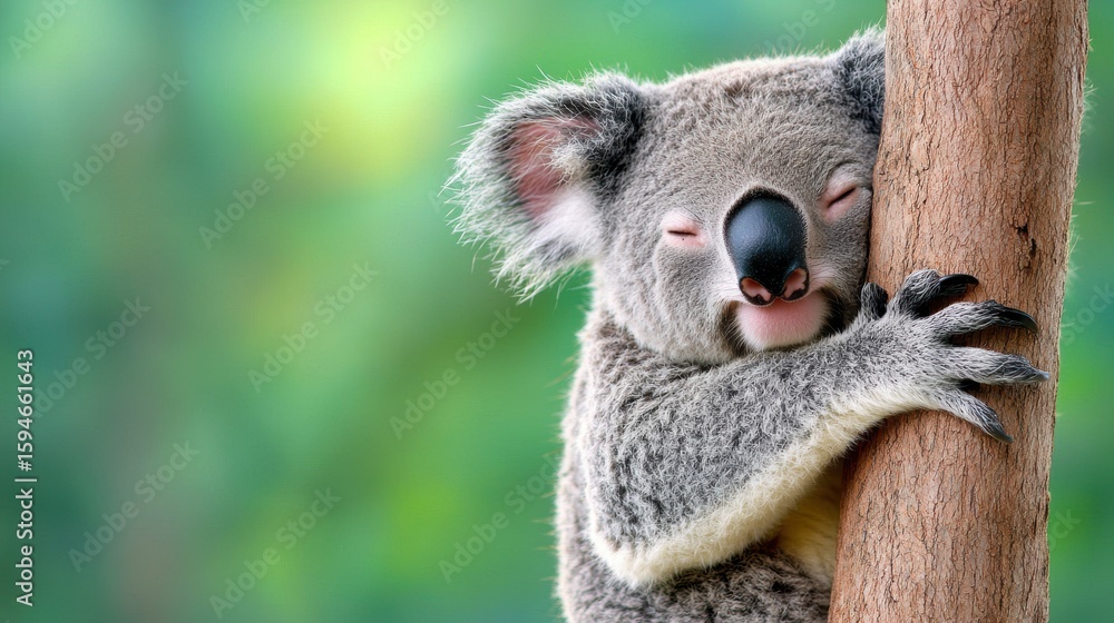 Obraz premium Mammal Sleepy koala hugging a tree branch in a eucalyptus forest.