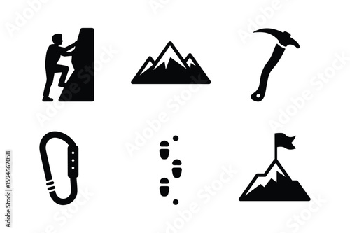 Climbing person mountain ice axe carabiner footprints flag on peak silhouette rock climbing