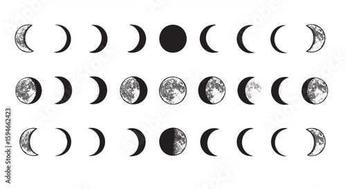 A minimalist vector icon sheet featuring the complete phases of the moon, from full moon to new moon.