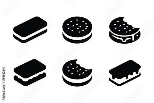 Rectangular and circular sandwich cookies with cream filling and bite marks round cookies