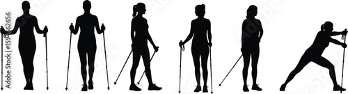 Nordic Walking Silhouettes Vector, Walking Poles Exercise, Outdoor Fitness Routine, Healthy Lifestyle Graphic, Physical Training Illustration, Active People PoseNordic Walking Silhouettes Vector