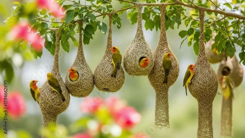 Birds perched on weaver bird nests hanging from tree branches outside hd video , 4k video, mp4 video