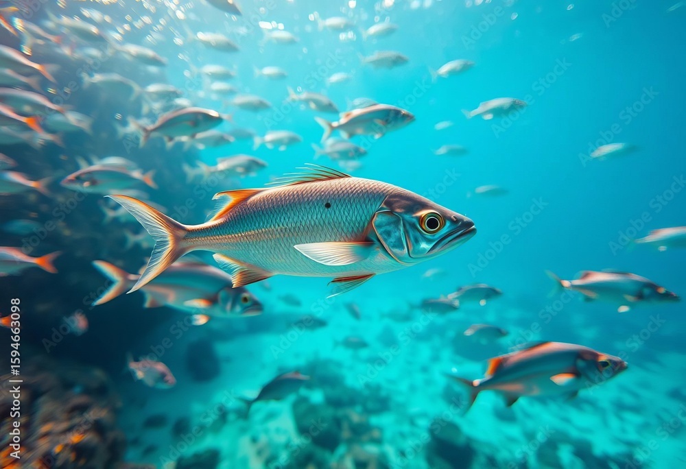 Naklejka premium A shimmering school of silverfish darts through vibrant blue tropical water, coral reef, tropical