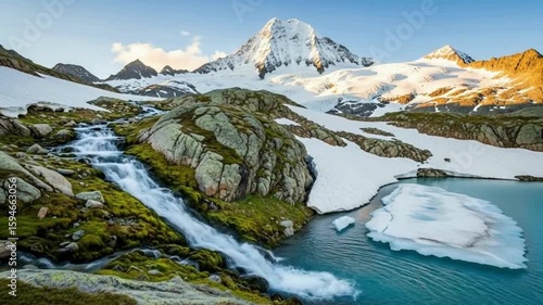 A scenic view of a mountain with snow and a waterfall flowing into a lake hd video , 4k video, mp4 video