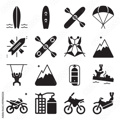 Diverse extreme sports icons display surfing, kayaking, mountaineering, and motorsports activities