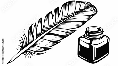 Black feather quill and inkwell for elegant antique writing and calligraphy art