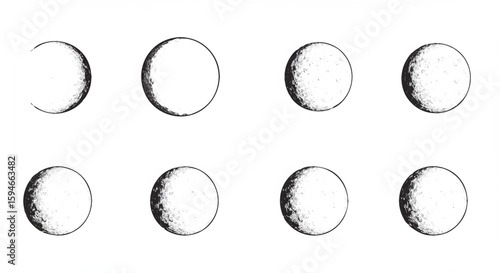 A minimalist vector icon sheet featuring the complete phases of the moon, from full moon to new moon.