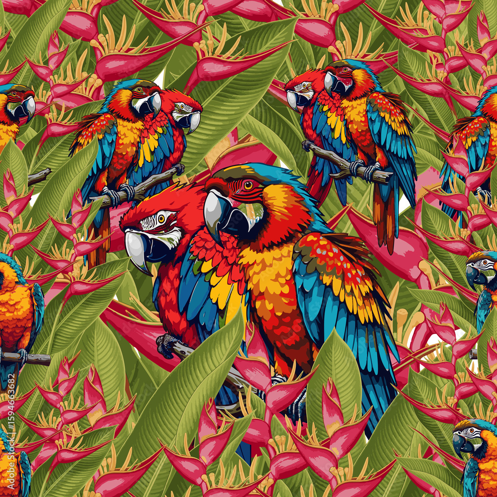 Fototapeta premium Vibrant Macaw Parrot Seamless Pattern