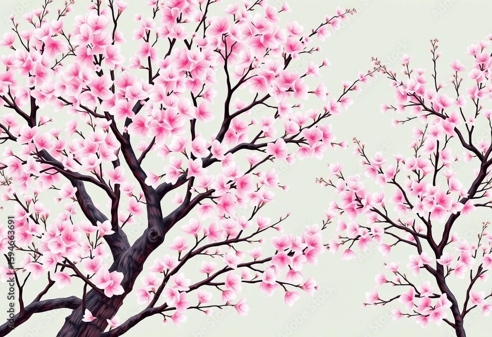 Fototapeta premium Elegant seamless pattern of blossoming cherry and plum trees in soft pastel colors, Chinoiserie Japandi style, print, tranquil