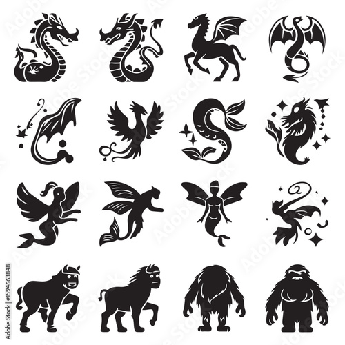 Explore mythical creatures silhouettes including dragons, sphinxes, phoenixes, centaurs, and more