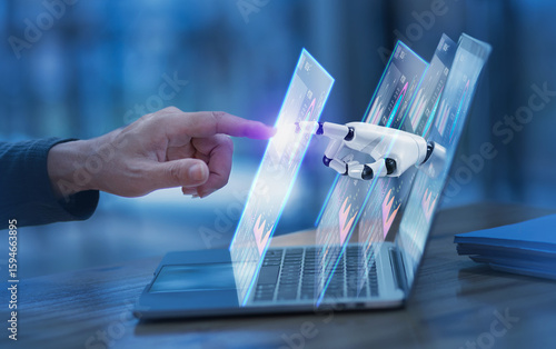 Hands of robot and human touching digital financial graphs and reports.