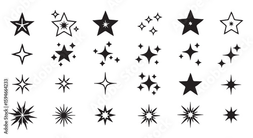 A clean vector icon sheet showcasing various star designs with distinct line-based patterns and filled textures