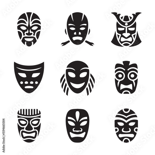 Collection of diverse ethnic masks displayed in a simple black and white vector graphic art