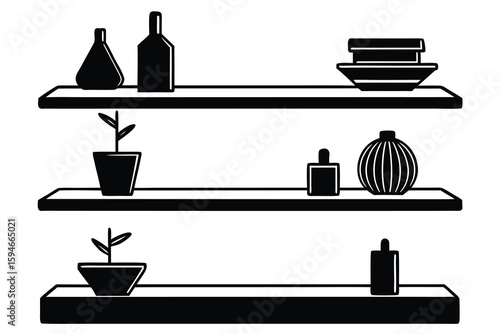 Black and White Shelves with Vases, Bowls, and Small Plant Decorations