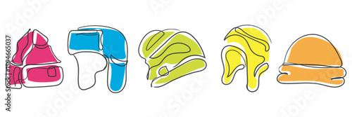 hand drawn line art vector of winter wears. beanies poste art. doodle drawing