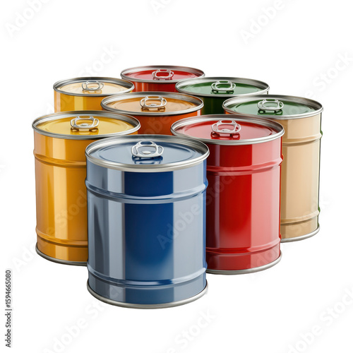 Colorful Collection of Metal Storage Drums in Various Shades for Industrial Use on transparent background