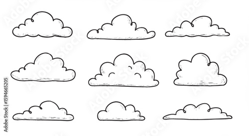 A clean vector icon sheet featuring various hand-drawn cloud shapes in sketch style.