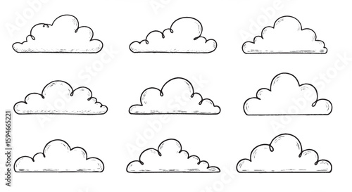 A clean vector icon sheet featuring various hand-drawn cloud shapes in sketch style.