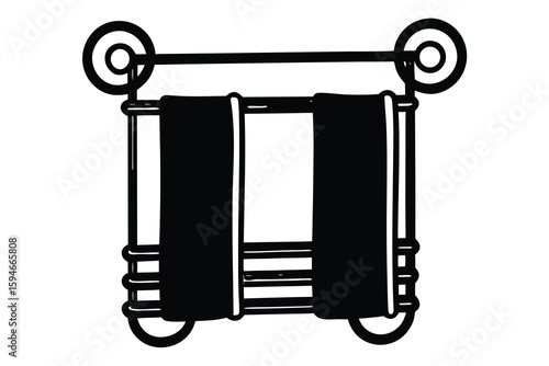 Black and White Towel Rack with Two Dark Towels Hanging to Dry