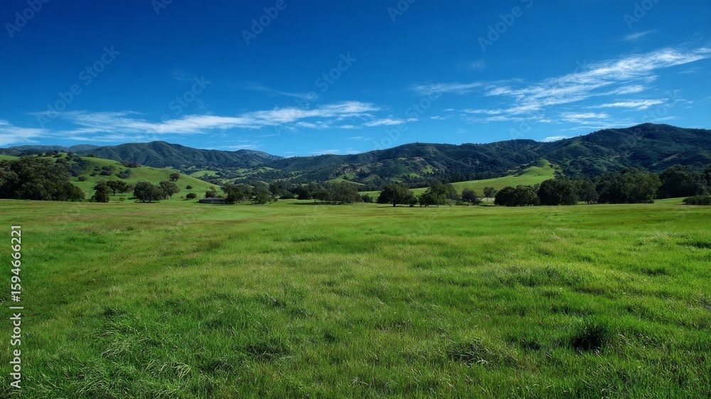 Naklejka premium Rolling hills with blue sky and mountains. AI generated