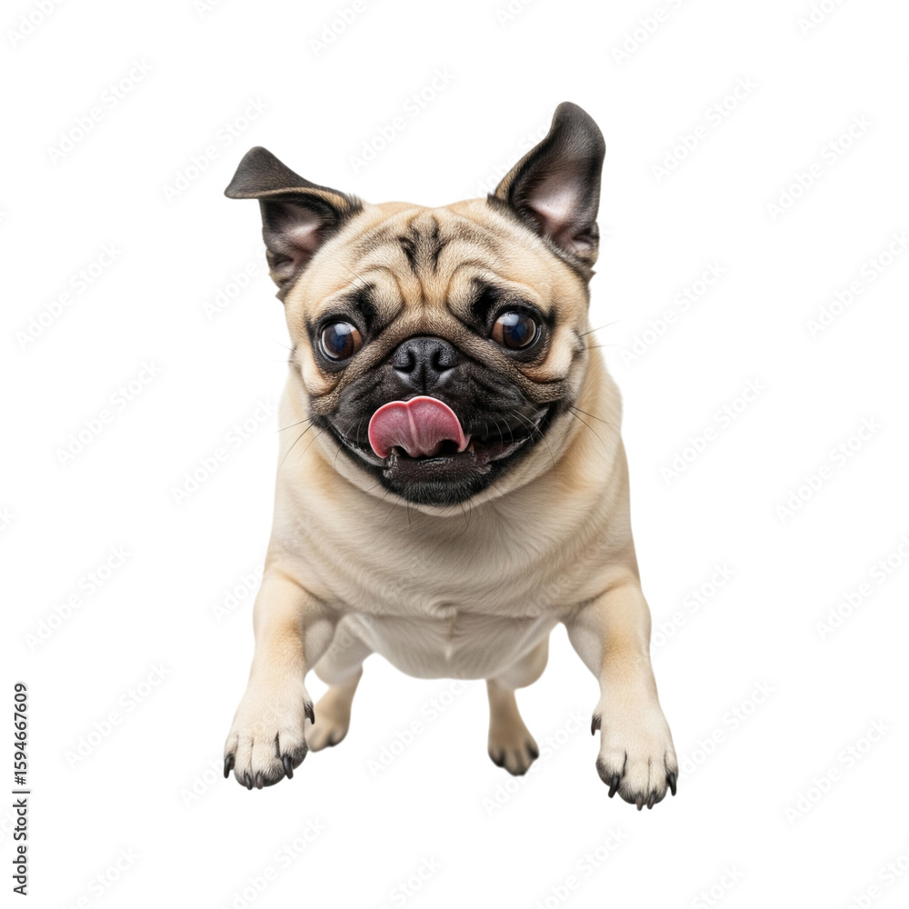 Obraz premium Adorable pug puppy with tongue sticking out is isolated, showcasing its cute face and playful expression for pet lovers.