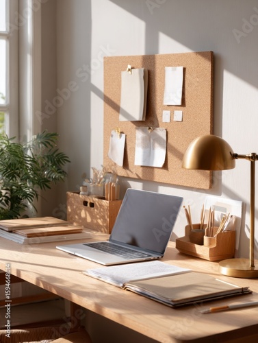 Cozy home office desk with laptop, notebooks, and wooden accessories in sunlight. Minimalist dorm study desk with laptop, stationery organizer, desk lamp, notebooks, and corkboard