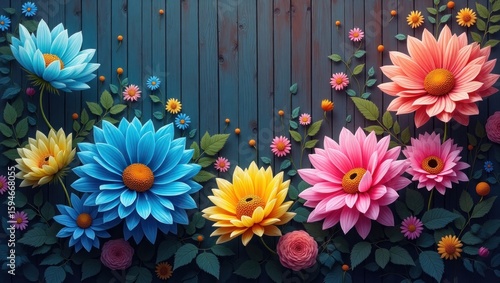 Colorful Floral Arrangement Against a Dark Blue Wooden Background