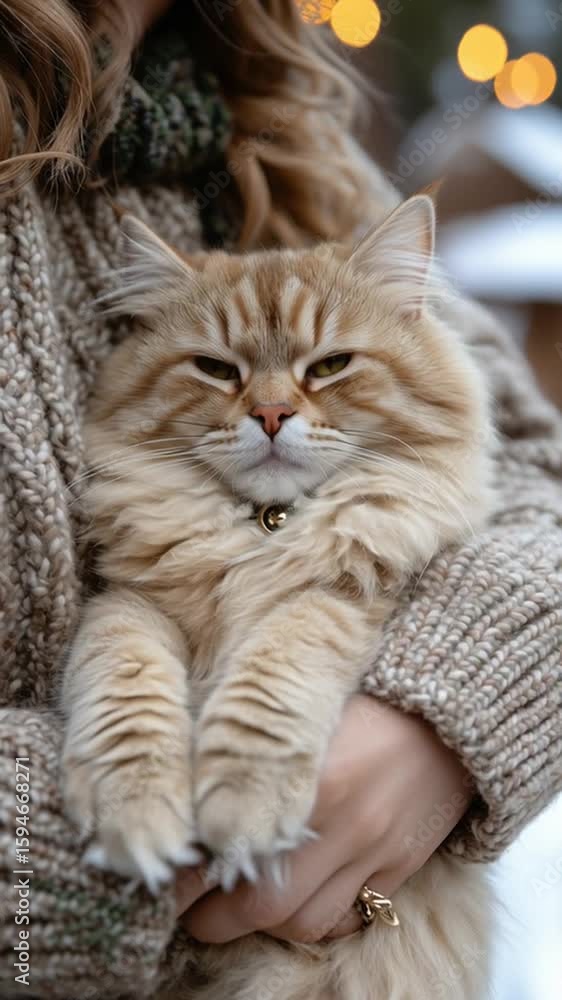 Fluffy orange cat nestled in cozy sweater-clad arms, surrounded by soft winter ambiance, showcasing warmth and affection in a serene outdoor setting Fluffy orange cat nestled in cozy sweater-clad arms, surrounded by soft winter ambiance, showcasing warmth and affection in a serene outdoor setting